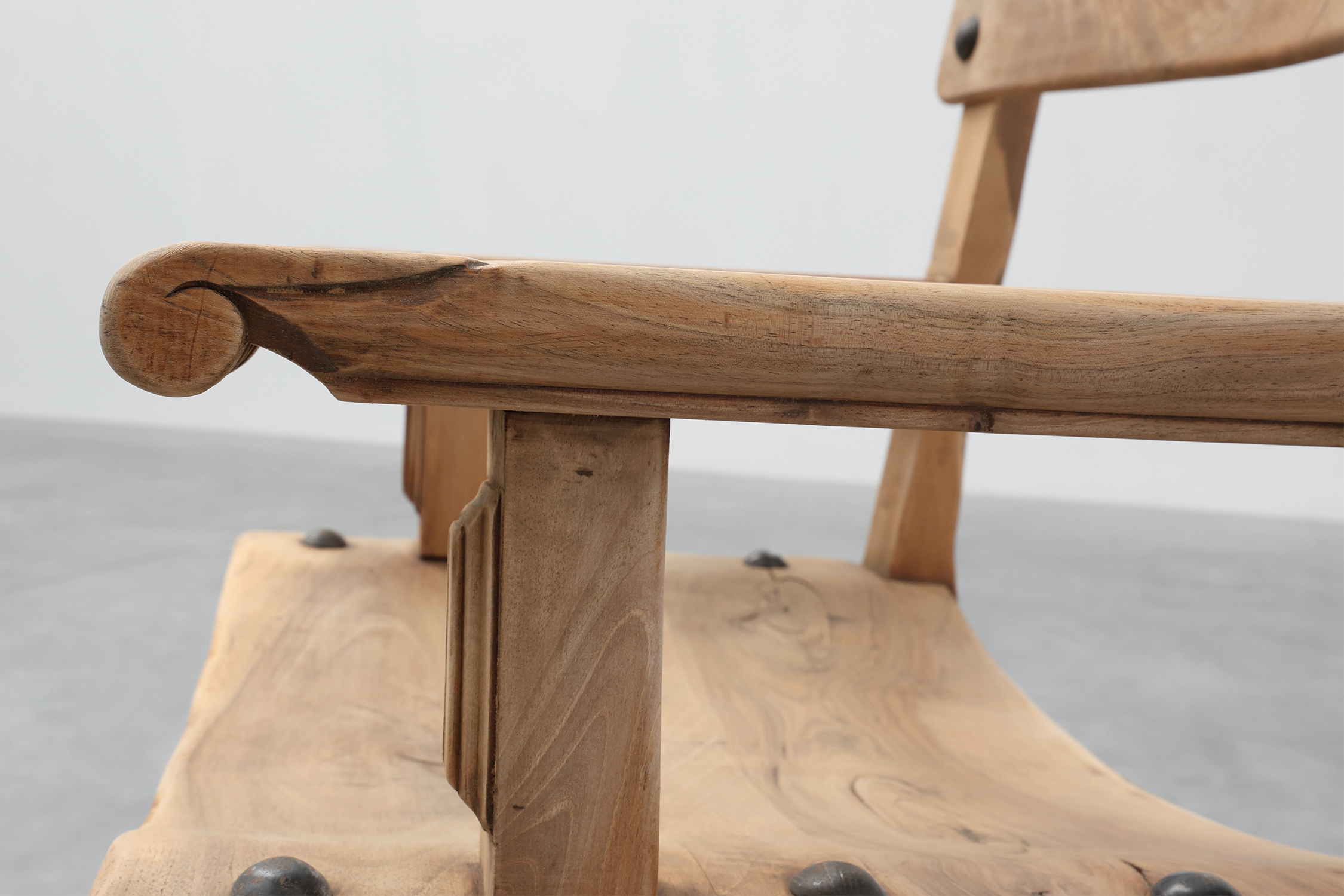 Pair of Brutalist Armchairs with Carved Rosettes and Nailed Wooden Seats, Spain, 20th Centurythumbnail